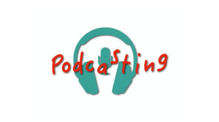 Picture of headphones with the text, "Podcasting".