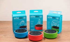 Three Echo Dots in blue, red, and green. 