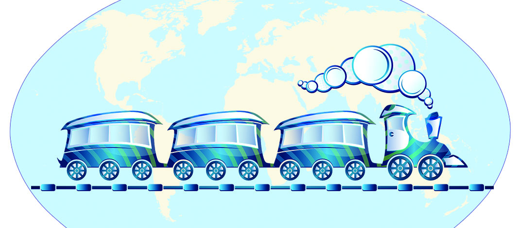 Train with world in the background.