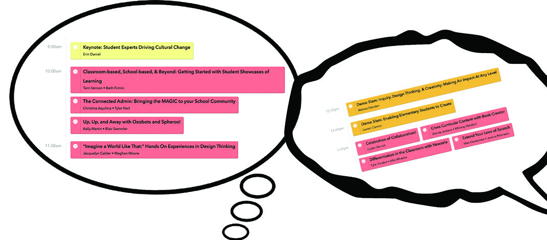 Two thinking bubbles with pictures of the 2020 schedule.
