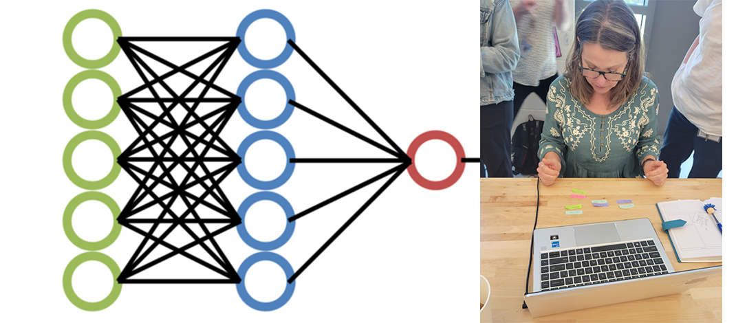 Network lines with a picture of a blonde female with glasses.
