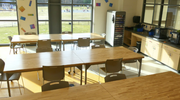 classroom with long tables