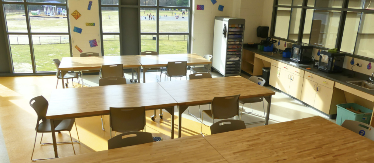 classroom with long tables